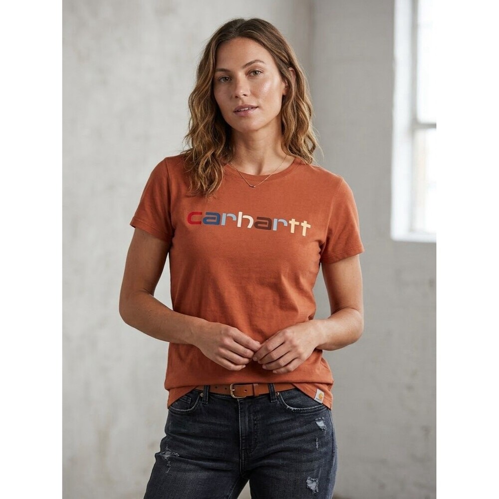 Carhartt Womens Large Graphic T-Shirt Rust Orange Short Sleeve Relaxed Fit Top
